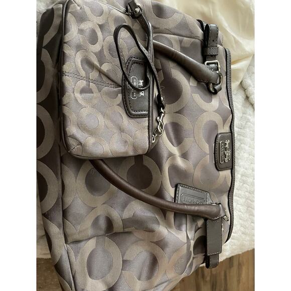 Coach Madison Op Art Sateen Signature Grey Brown Tote Handbag with Wristlet - Picture 3 of 12